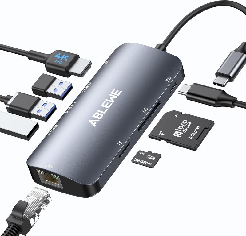 ABLEWE USB C Hub Ethernet, Multiport USB C to HDMI Hub, 8 in 1 4K@60Hz USBC Adapter,1000Mbps, 100W PD, 3 USB 3.0 Ports, Docking Station Compatible for MacBook, Tablet, Phone, Type C Devices - Image 1